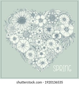 Vector floral heart frame. Summer flowers in hand draw doodle sketch style. Blooming flowers and herbs illustration.