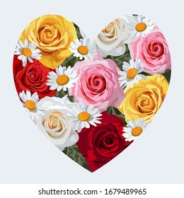 Vector floral heart with roses and comomiles