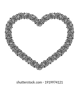 Vector floral heart wreath with roses. Frame of leaves and flowers. Doodle style. For Valentine's and Mother's Day, Wedding Celebration. Paper cut template, black silhouettes. Isolated on white.