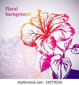  Vector floral hibiscus background. Hand drawn graphic for your design. All elements were placed in clipping mask and are easy to edit