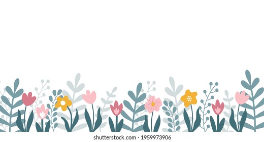 Vector floral horizontal banner with hand drawn  flowers and leaves and copy space for text on white background. 