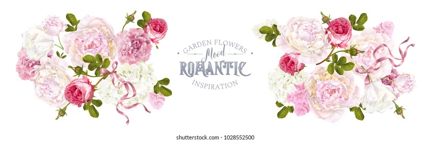 Vector floral horizontal banner with peony, hydrangea, rose flower and ribbon. Romantic design for natural cosmetics, perfume, women products. Can be used as greeting card. Best for wedding invitation