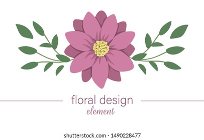 Vector floral horizontal decorative element. Flat trendy illustration with flower, leaves, branches. Meadow, woodland, forest clip art. Beautiful spring or summer bouquet isolated on white background 