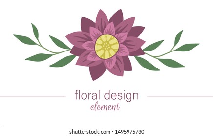 Vector floral horizontal decorative element. Flat trendy illustration with flower, leaves, branches. Meadow, woodland, forest clip art. Beautiful spring or summer bouquet isolated on white background 