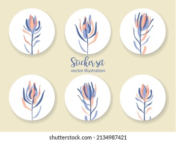 Vector floral icon set. Abstract Print with Leucadendron flowers, watercolor illustration. Cute summer, spring icon. Sketch, doodle, hand drawn Ornament. Isolated Stickers design. Sticky notes