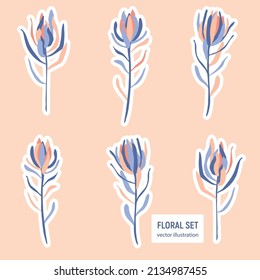 Vector floral icon set. Abstract Print with Leucadendron flowers, watercolor illustration. Cute summer, spring icon. Sketch, doodle, hand drawn Ornament. Isolated Stickers design. Sticky notes