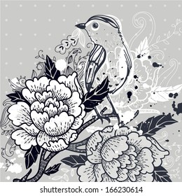 Vector floral illustration of an abstract bird and blooming roses