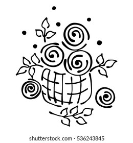 Vector floral illustration. Basket with flowers, leaves, decorative elements isolated on the white background. Hand drawn contour lines and strokes. Doodle style, graphic vector illustration.