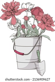 Vector floral illustration of basket with peonies and leaves. Hand-drawn illustration of bouquet for decoration of flower or gardening shop, card design.