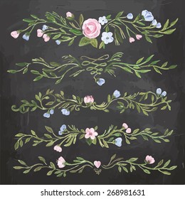 Vector floral illustration. Beautiful set with flowers for  wedding  and different holidays. Cute summer adn spring delicate flowers. Floral pattern with acrylic flowers on black background. Isolated.