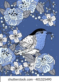 vector floral illustration of a bird and abstract blooms on a blue background