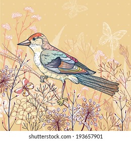 vector floral illustration with a bird and autumn plants