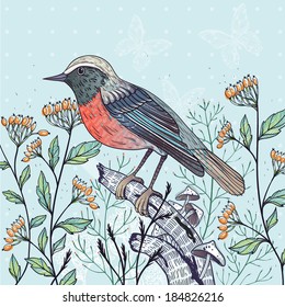 vector floral illustration of a bird and berries