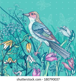 vector floral illustration of a bird and blooming spring flowers