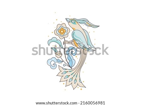 Vector floral illustration with bird, flower vignette, design element, template. Element in Eastern style. Floral decoration illustration. Indian ornament. Isolated ornaments. Ornamental decor.