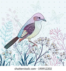 vector floral illustration of a bird and wild herbs 