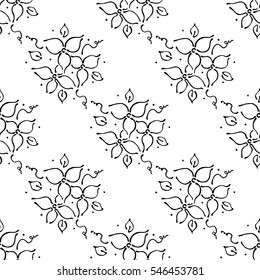 Vector floral illustration. Black and white seamless pattern with bouquet with flowers, leaves, decorative elements Hand drawn contour lines and strokes. Doodle style, graphic vector illustration..