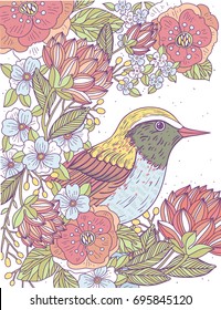 vector floral illustration of blooming flowers and a little bird