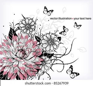 vector floral illustration of blooming flowers and flying butterflies