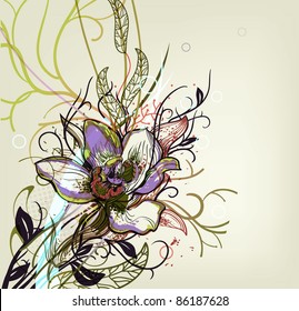vector floral illustration of a blooming orchid and fantasy plants. eps10