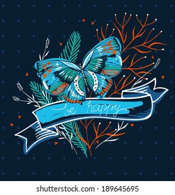 vector floral illustration of a blue  butterfly and abstract plants