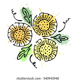 Vector floral illustration. bouquet with flowers, leaves, decorative elements isolated on the white background. Hand drawn contour lines and strokes. Doodle style, graphic vector illustration..