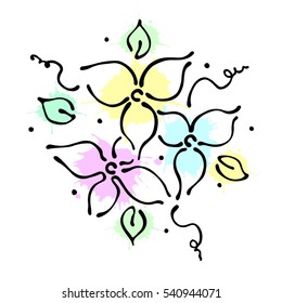 Vector floral illustration. bouquet with flowers, leaves, decorative elements isolated on the white background. Hand drawn contour lines and strokes. Doodle style, graphic vector illustration..