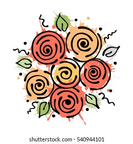 Vector floral illustration. bouquet with flowers, leaves, decorative elements isolated on the white background. Hand drawn contour lines and strokes. Doodle style, graphic vector illustration..