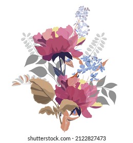 Vector floral illustration. Bouquet of red garden flowers on a white background. Floral composition for cards, banners, wrappers, and so on.