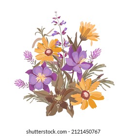 Vector floral illustration. Bouquet of yellow and purple meadow flowers and herbs isolated on a white. Floral composition for cards, banners, wrappers, and more.