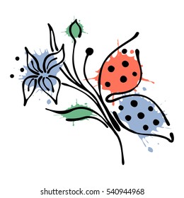 Vector floral illustration of butterfly with flowers, leaves, decorative elements isolated on the white background Hand drawn contour lines and strokes Doodle style, graphic vector illustration..