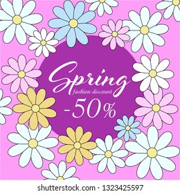 Vector floral illustration with chamomile flowers on a pink background. Template for fashion discount