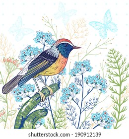 vector floral illustration of a colorful bird and blooming plants