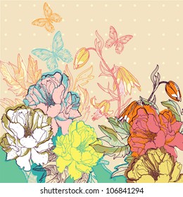 vector floral illustration of colorful summer flowers and butterflies
