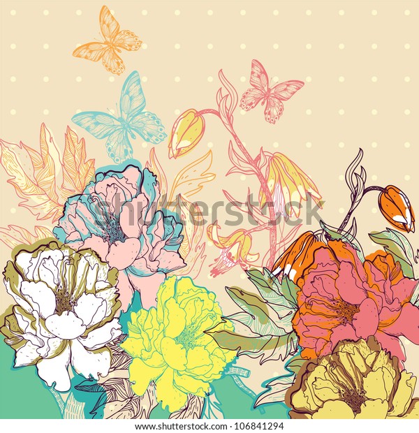 カラフルな夏の花と蝶のベクター花柄イラスト のベクター画像素材 ロイヤリティフリー 106841294