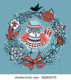 vector floral  illustration of a cute owl with fantasy floral wreath
