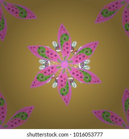 Vector Floral Illustration in cute textile. Elegance seamless pattern with ethnic flowers on yellow, pink and green colors.