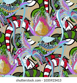 Vector Floral Illustration in cute textile. Elegance seamless pattern with ethnic flowers on blue, beige and black colors.
