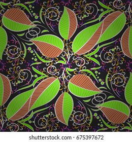 Vector Floral Illustration in cute textile. Elegance seamless pattern with ethnic leaves on colorful background.