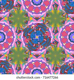 Vector Floral Illustration in cute textile. Elegance seamless pattern with ethnic flowers on pink, green and blue colors.