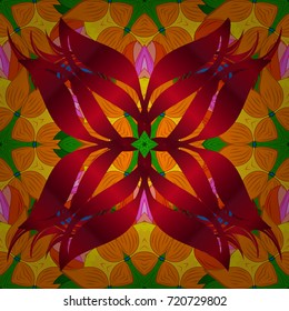 Vector Floral Illustration in cute textile. Elegance seamless pattern with ethnic flowers on orange, red and green colors.