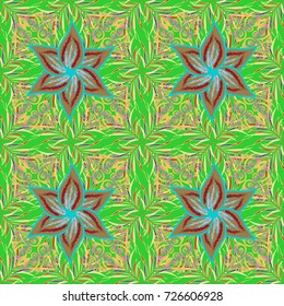 Vector Floral Illustration in cute textile. Elegance seamless pattern with ethnic flowers on green, beige and yellow colors.