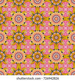 Vector Floral Illustration in cute textile. Elegance seamless pattern with ethnic flowers on yellow, pink and red colors.