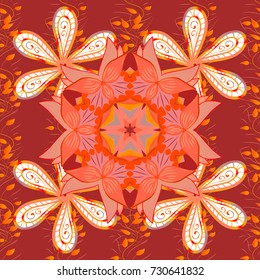 Vector Floral Illustration in cute textile. Elegance seamless pattern with ethnic flowers on red, orange and white colors.