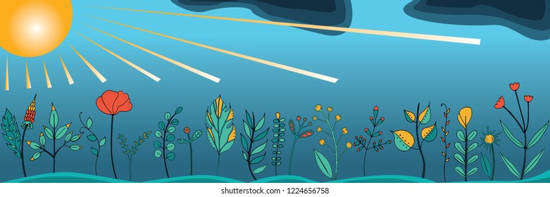 Vector floral illustration of different flowers and buds on the background with the sun