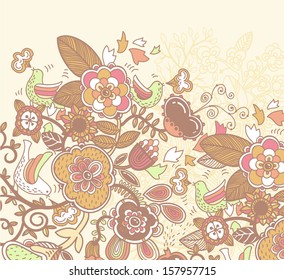 vector floral illustration with fantasy plants and birds