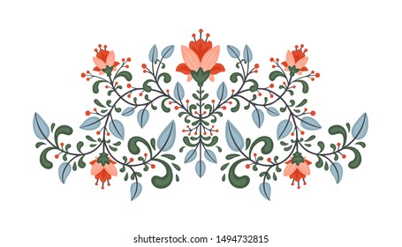Vector floral illustration with flower, green and blue leaves. Decorative ornament for print or embroidery