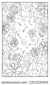 Vector floral illustration, frame of stylized dandelions. Small curly elements, dots and curls. A great template for a greeting card, anti-stress creativity, advertising or other project.