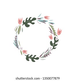 Vector floral illustration, frame or wreath, flowers clip art, scrapbook design, pastel florals set, template for logo, text place