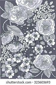 vector floral illustration of hand drawn blooming roses and plants